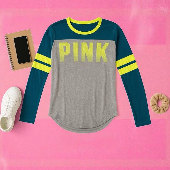 Victoria’s Secret PINK Long Sleeve Varsity Tee Gray Teal Neon Yellow XS - Picture 2 of 10